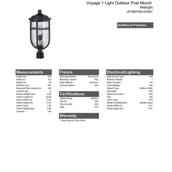 Voyage 1 Light Outdoor Post Lantern in Midnight CRAFTMADE