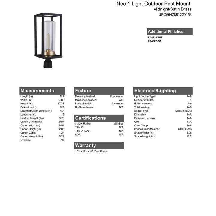 Neo 1 Light Outdoor Post Lantern in Midnight/Satin Brass CRAFTMADE