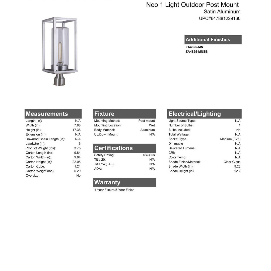 Neo 1 Light Outdoor Post Lantern in Satin Aluminum CRAFTMADE