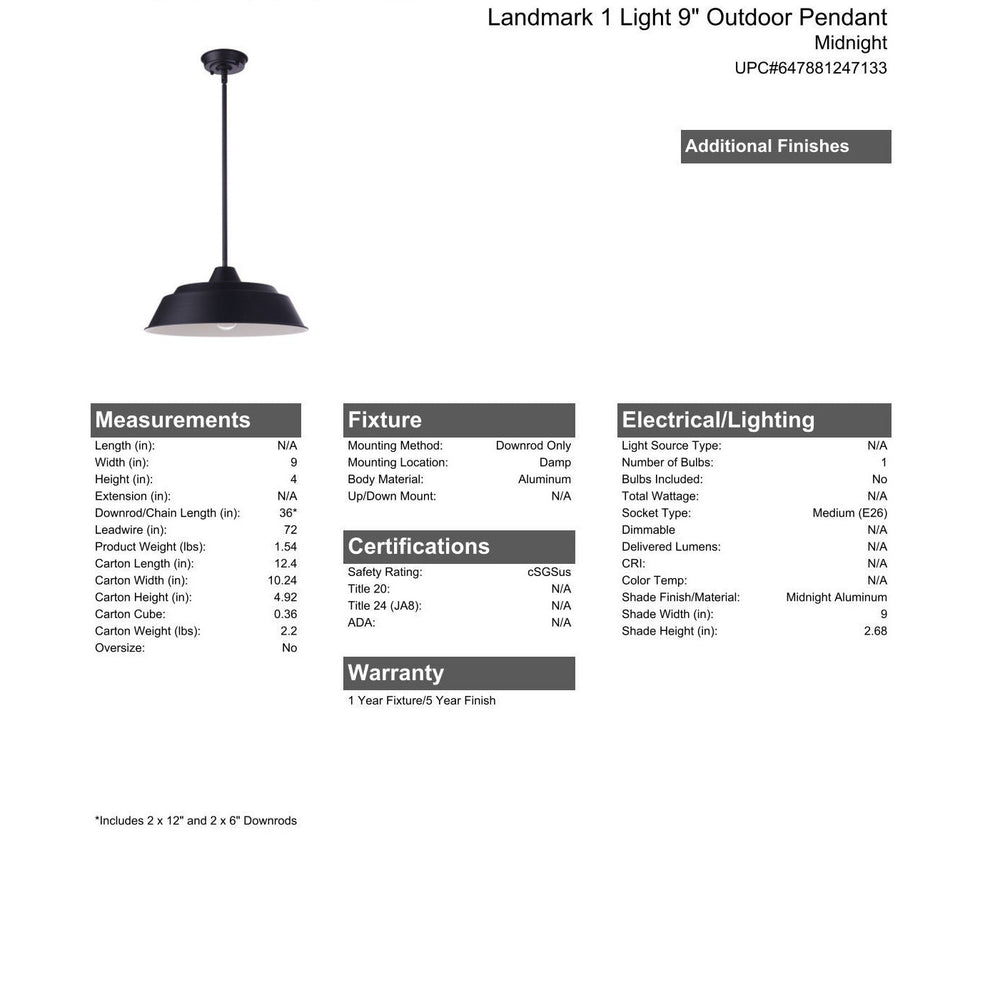 Landmark 1 Light 9" Outdoor Pendant in Midnight CRAFTMADE