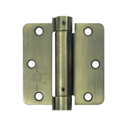 3 1/2 Inch x 3 1/2 Inch Steel Spring Hinge (1/4 Radius Corner, Antique Brass Finish) DELTANA