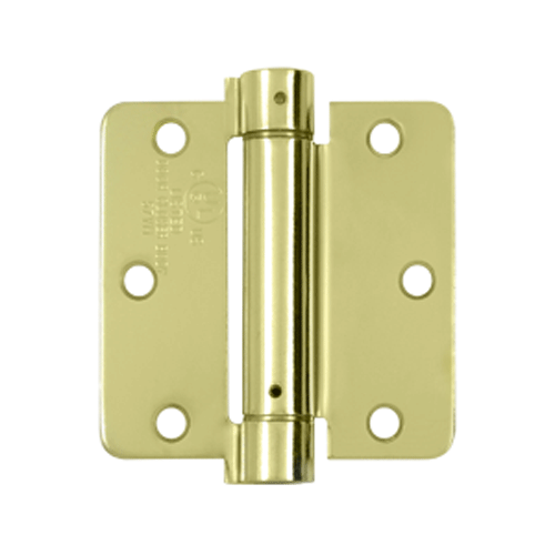 3 1/2 Inch x 3 1/2 Inch Steel Spring Hinge (1/4 Radius Corner, Polished/Brushed Brass Finish) DELTANA