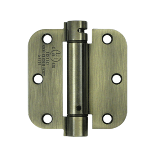 3 1/2 Inch x 3 1/2 Inch Steel Spring Hinge (5/8 Radius Corner, Antique Brass Finish) DELTANA