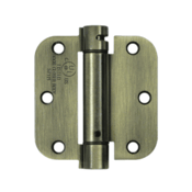 3 1/2 Inch x 3 1/2 Inch Steel Spring Hinge (5/8 Radius Corner, Antique Brass Finish) DELTANA