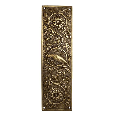 11 1/4 Inch Cockateel Bird and Flower Push Plate Antique Brass Finish COPPER MOUNTAIN HARDWARE