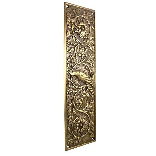 11 1/4 Inch Cockateel Bird and Flower Push Plate Antique Brass Finish COPPER MOUNTAIN HARDWARE